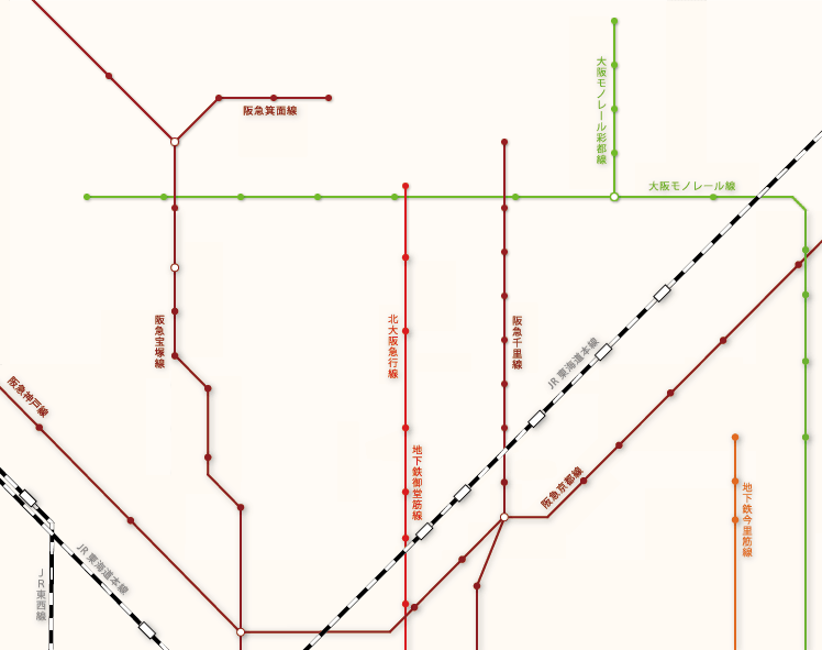 「北摂西エリア」の路線図